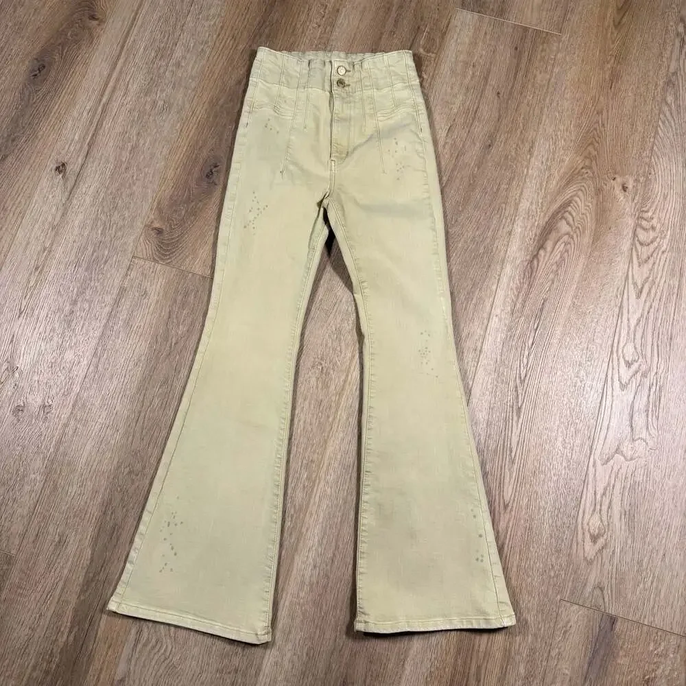 Free People We The Free High Rise Flare Jeans Olive Mineral Wash Size 28